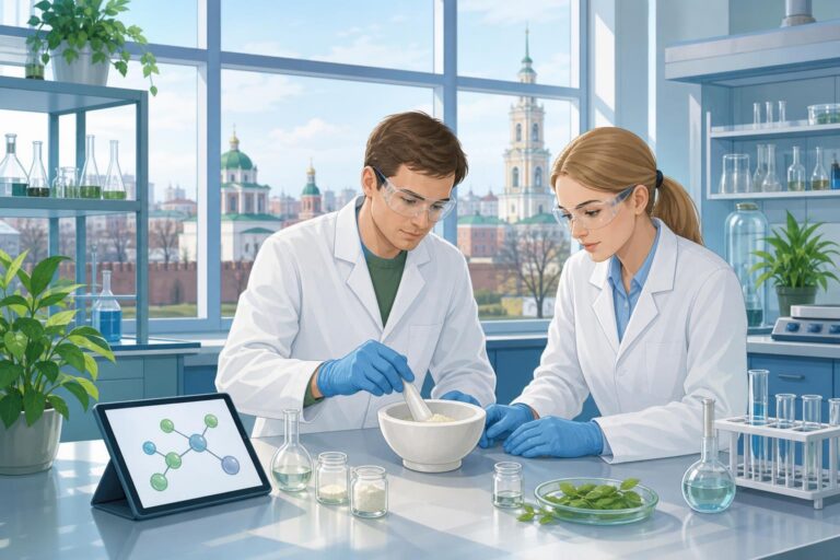 Illustration of chemists mixing dry substances in a laboratory mortar