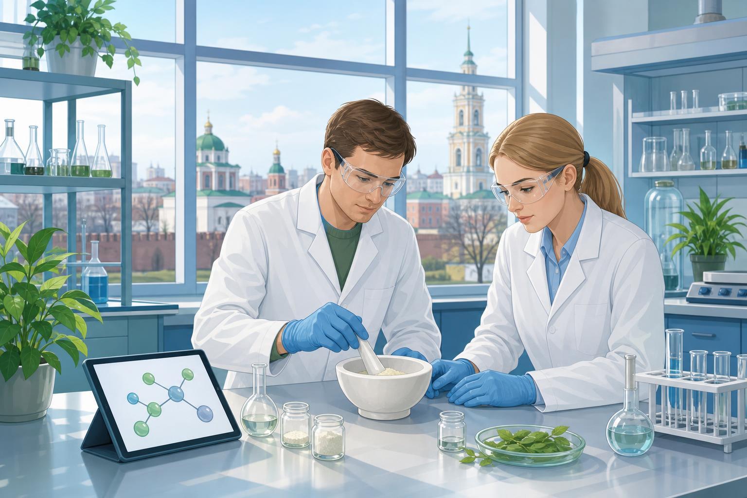 Illustration of chemists mixing dry substances in a laboratory mortar