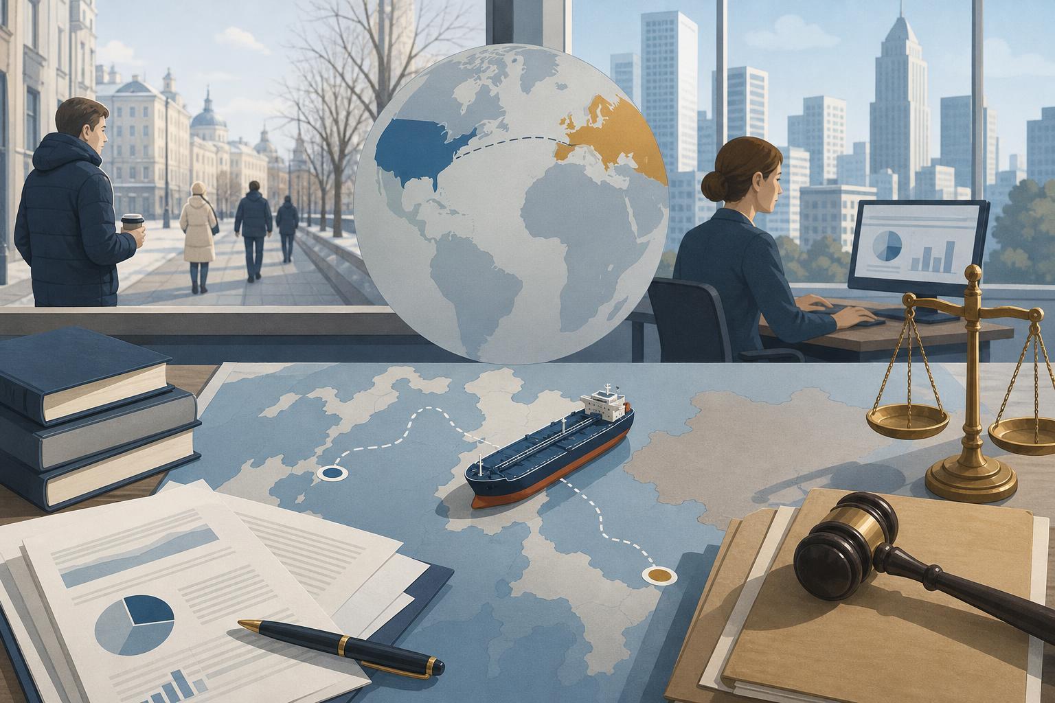 Editorial illustration of legal papers and an abstract oil tanker representing sanctions on Russia’s energy trade