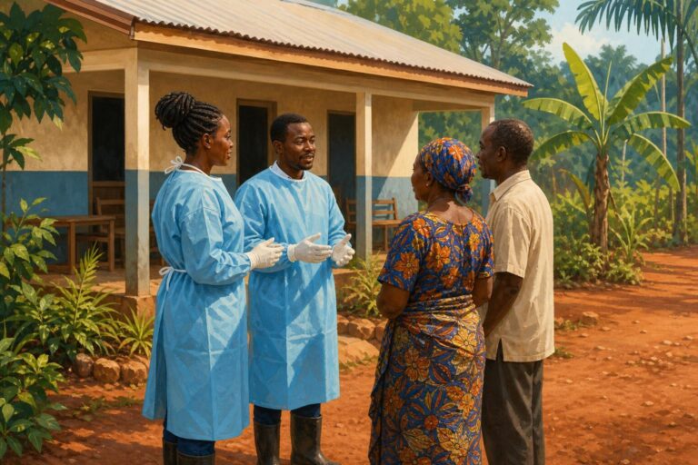 Health workers speaking with residents outside a clinic in Bunia, Democratic Republic of the Congo