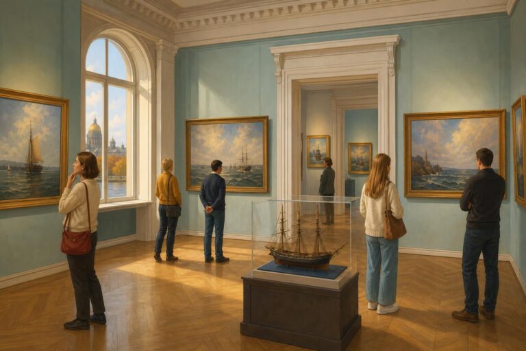 Visitors view sea paintings and a miniature ship in a St. Petersburg museum gallery.