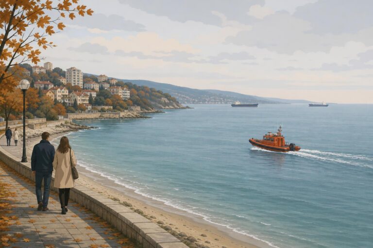 A rescue boat near cargo ships on the Black Sea off Bulgaria.