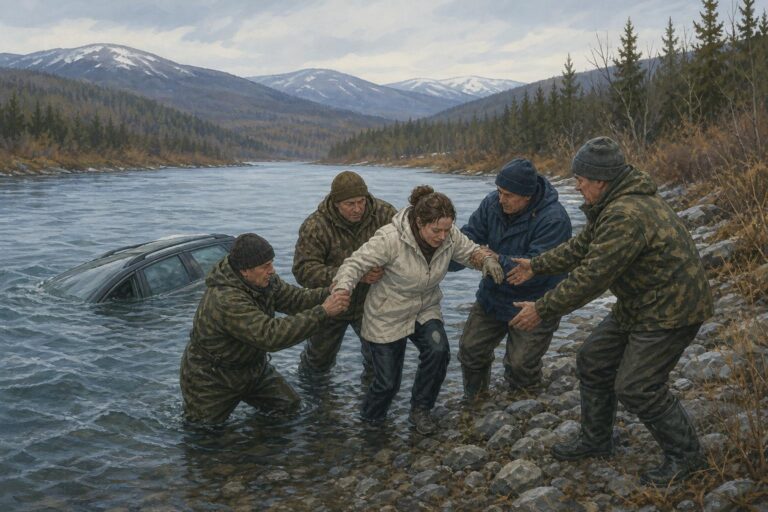 Four fishermen help a woman reach the riverbank from a car in the Viliga River.