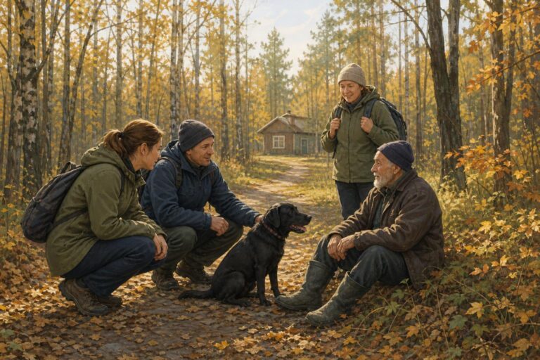 Volunteers find an older man and his dog beside an autumn forest path near Borisoglebsk.