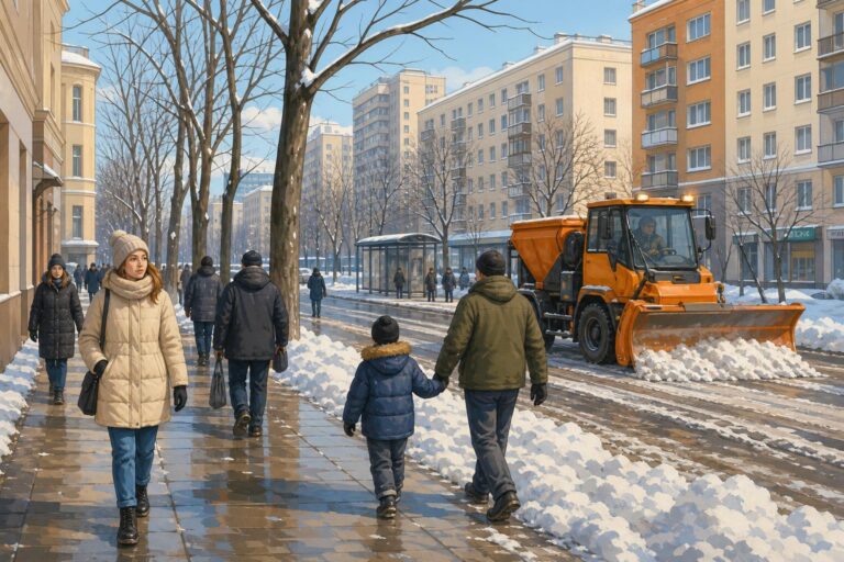 Residents walk along a snowy Moscow street as a municipal vehicle clears the road.