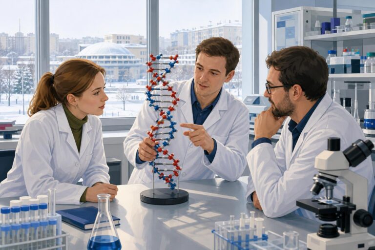 Researchers discuss a three-dimensional DNA model in a Novosibirsk laboratory.