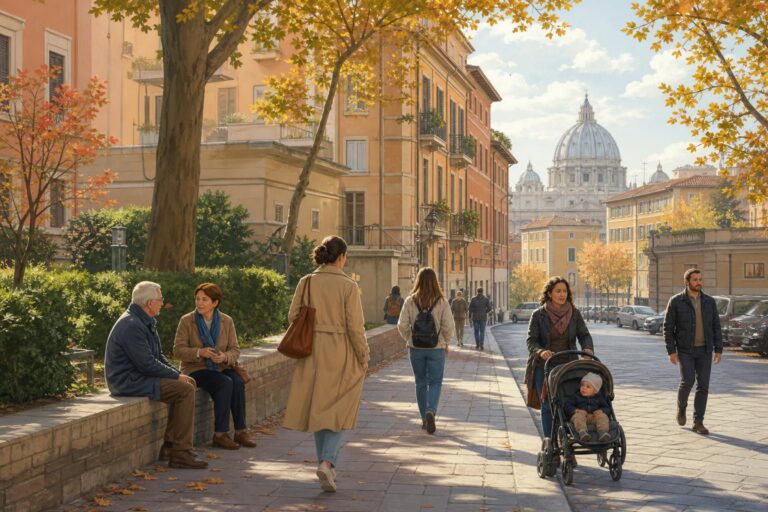 Residents walk along an autumn street near a hospital in Rome.