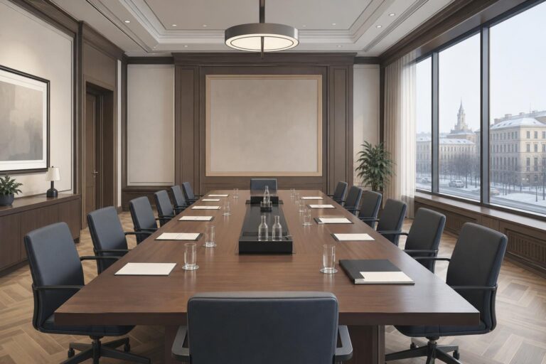 A government meeting room with papers arranged on a long table.