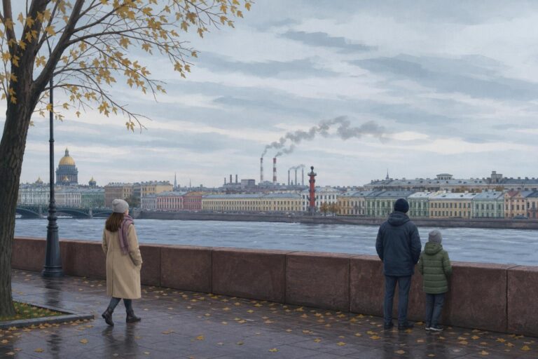 A small plume of smoke rises above a distant industrial area in St. Petersburg.