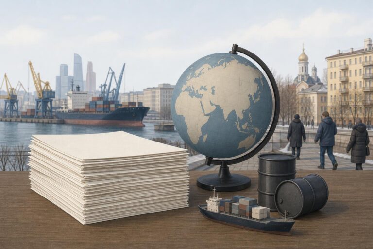 Illustration of policy papers beside a globe and symbols of international trade.
