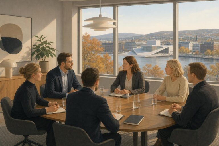 An editorial illustration of a small group meeting in a modern Oslo room.